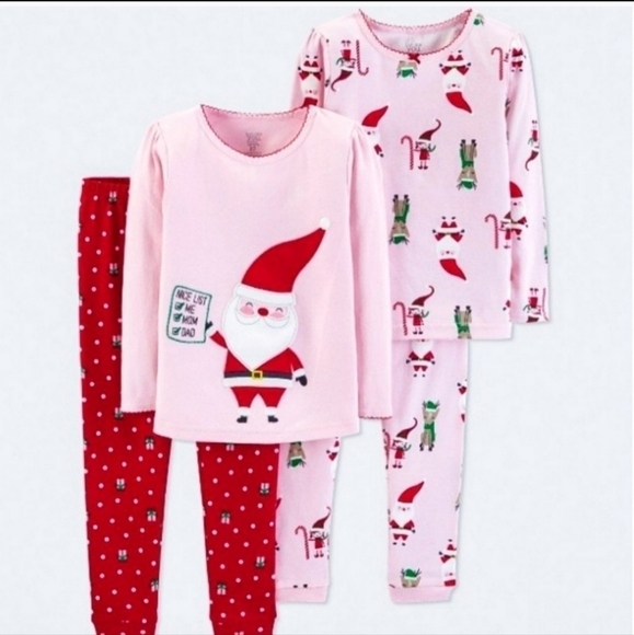 NWT Carter's Pink Red Christmas Holiday Santa Pajama 4 pc Set Baby Girl 18M New - Picture 1 of 9